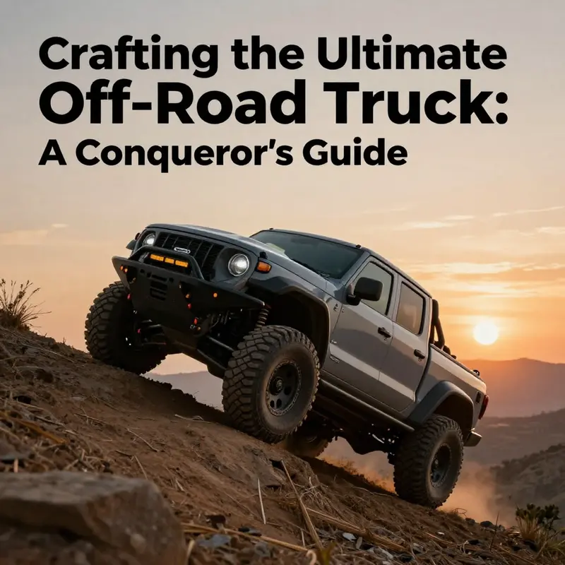 A custom-built off-road truck navigating a steep hill at sunset, symbolizing adventure and freedom.