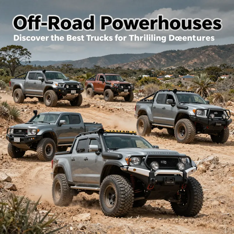 Montage of various off-road trucks navigating rugged landscapes highlighting their adventure capabilities.