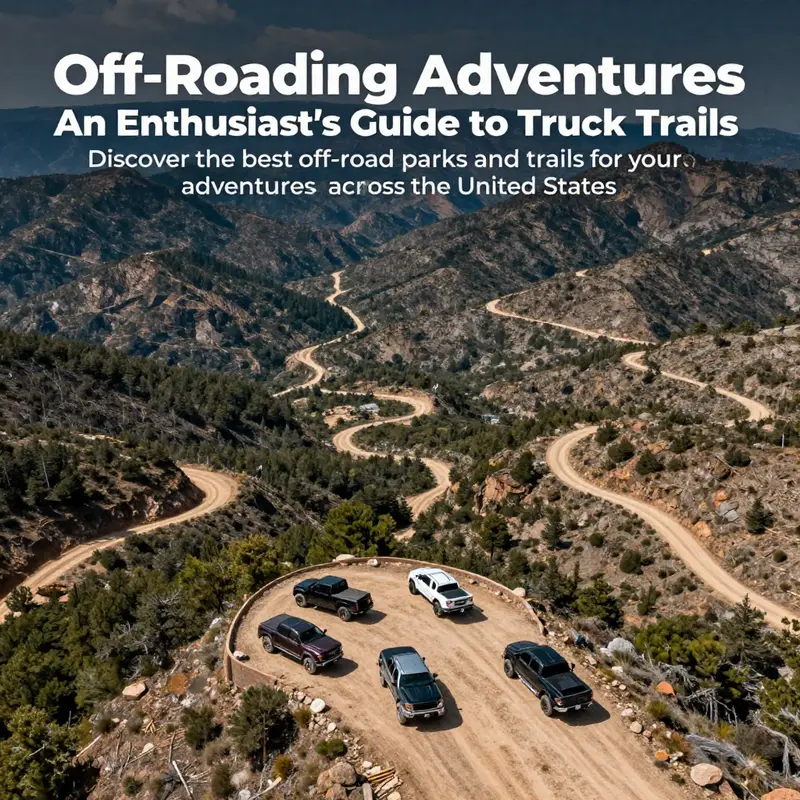 Aerial image showcasing multiple off-road trails winding through rugged landscapes, with trucks at a scenic viewpoint.