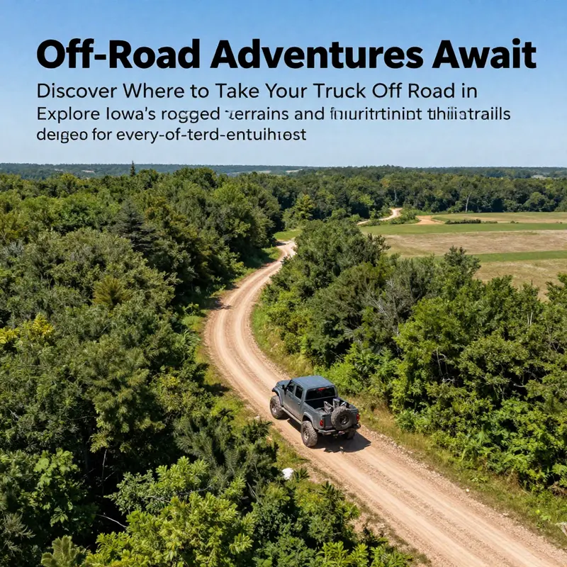 Aerial view of an off-road truck on a natural trail surrounded by forests and open fields in Iowa.