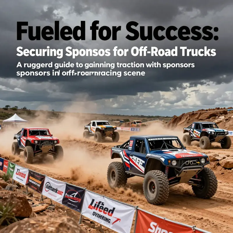 A dynamic scene of off-road trucks racing, showcasing sponsorship banners and an adventurous atmosphere.