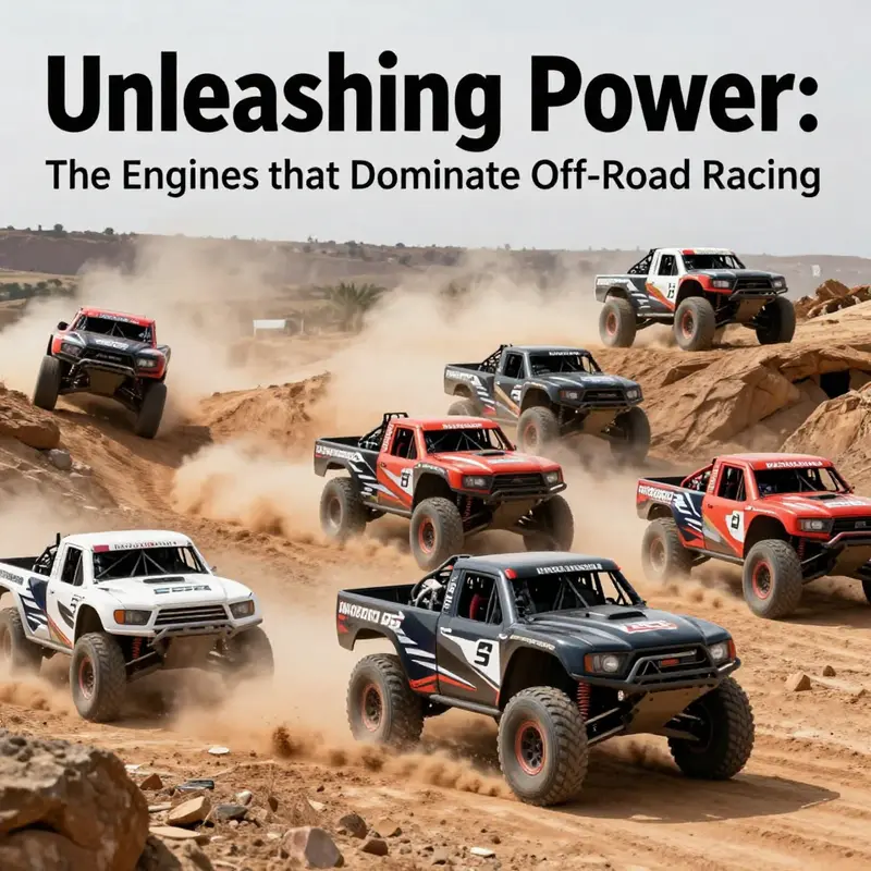 A group of off-road racing trucks in action on rugged terrain, displaying various engine types.