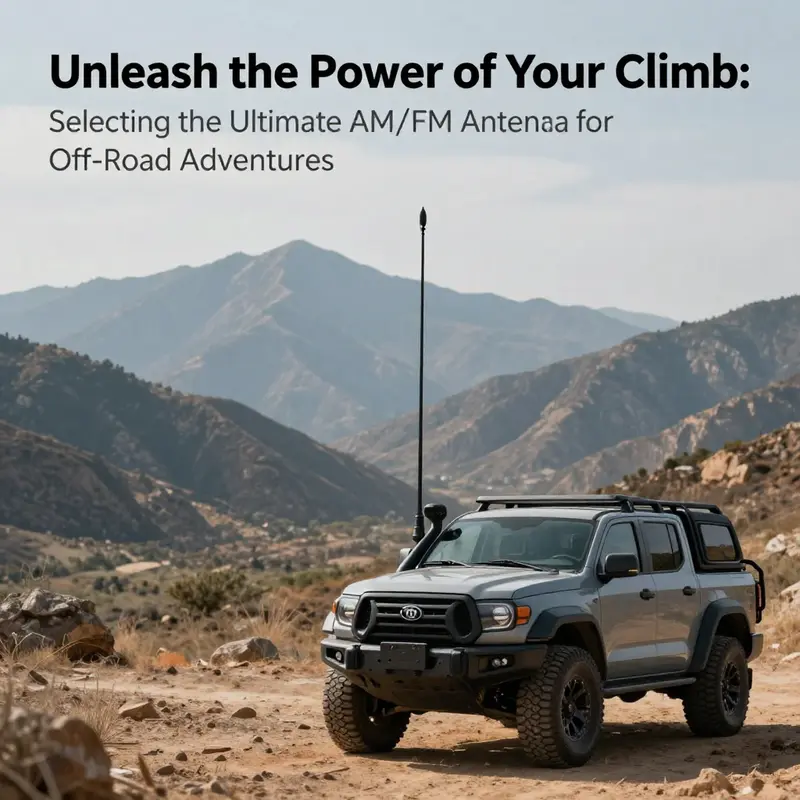 An off-road truck in a beautiful mountain setting equipped with a high-performance AM/FM antenna, symbolizing adventure and reliability.
