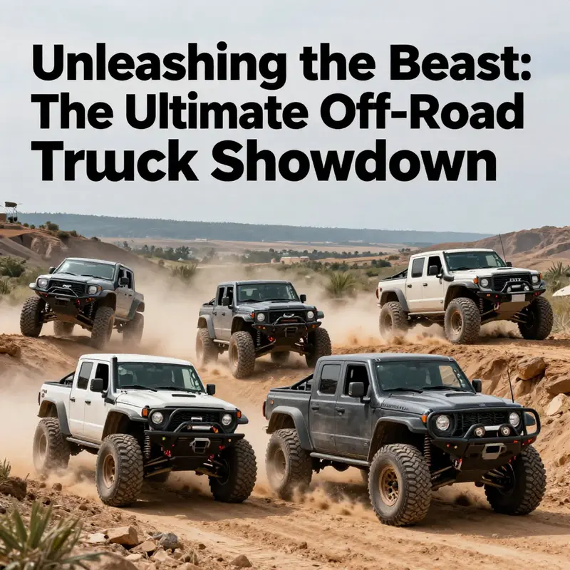 Various off-road trucks maneuvering through challenging landscapes, showcasing their strength, design, and off-road capabilities.