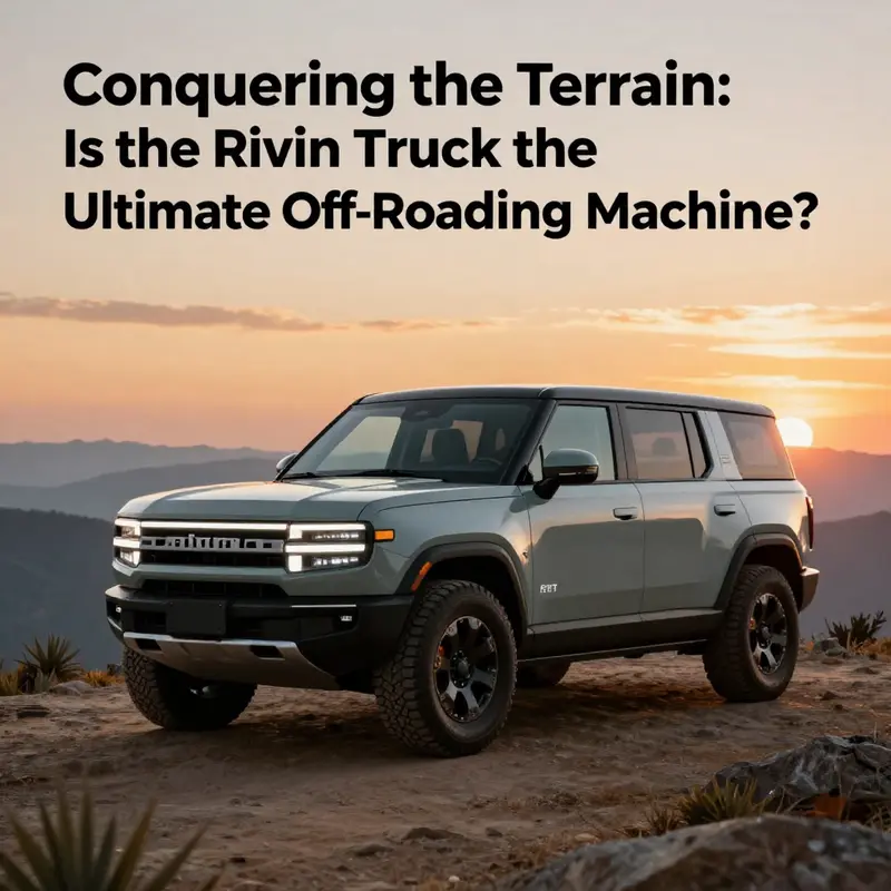 A Rivian R1T parked on a picturesque overlook during sunset, emphasizing its adventurous design.