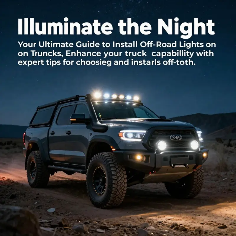 A truck equipped with off-road lights navigating a dark, rugged terrain under a clear starry night.