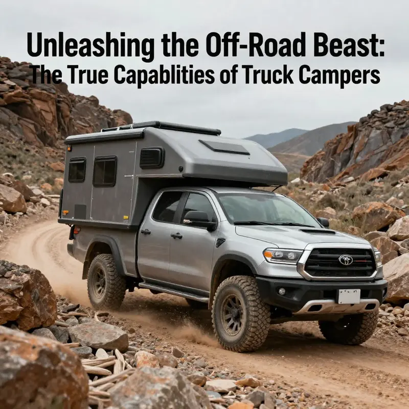 A rugged pickup truck equipped with a truck camper tackles rocky terrain, exemplifying base truck prowess.