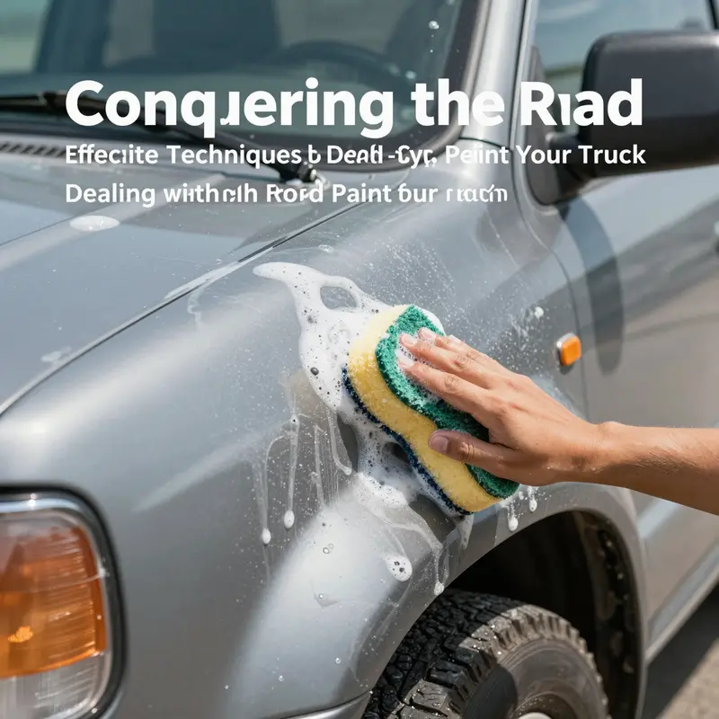 An off-road enthusiast cleaning fresh road paint from their truck with soapy water.
