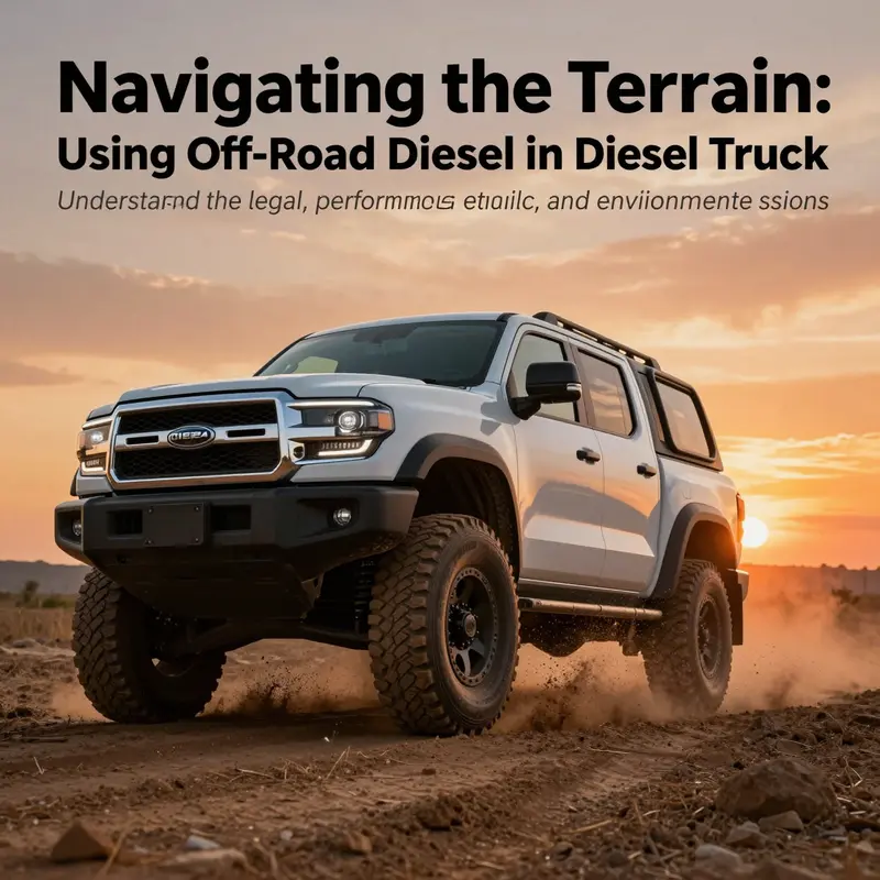 A diesel truck driving through rugged terrain under a colorful sunset, representing off-road diesel adventure.