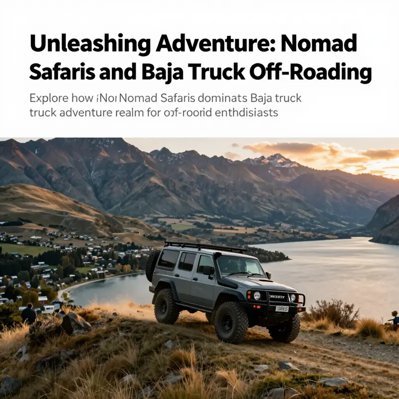 Baja truck racing through the scenic landscapes of Queenstown, New Zealand during sunset.