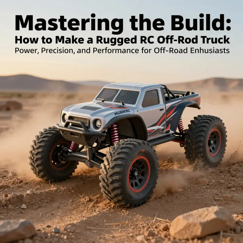 RC off-road truck driving over rocky dirt terrain during golden-hour with detailed drivetrain and chassis visible.