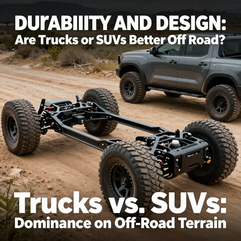 A comparison view of trucks and SUVs tackling an off-road landscape, highlighting their distinct features.