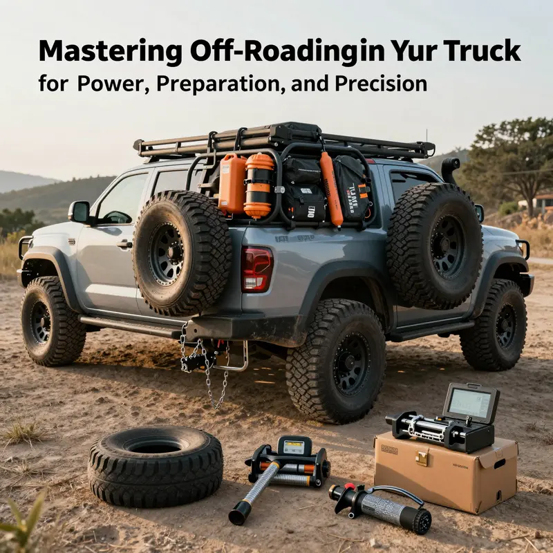 An off-road truck tackling rocky ground, highlighting key vehicle features like ground clearance and suspension.