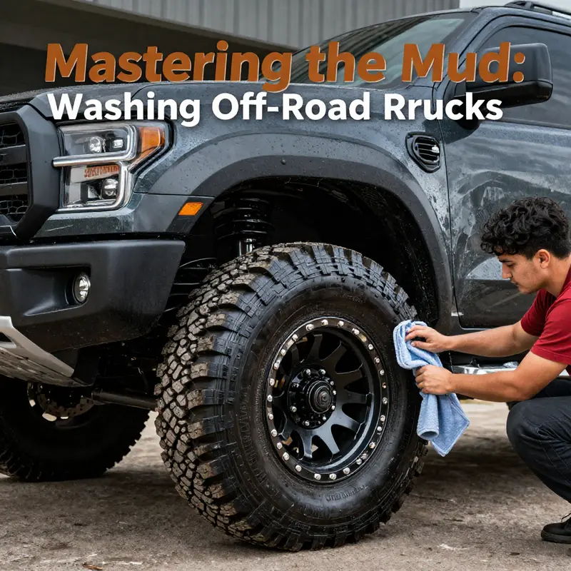 An off-road truck prepared for cleaning, showcasing essential tools and a shaded washing environment.