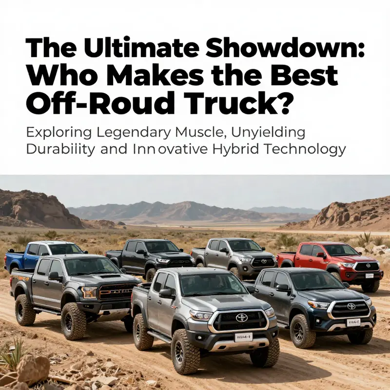 A variety of off-road pickup trucks located in a dramatic outdoor setting.