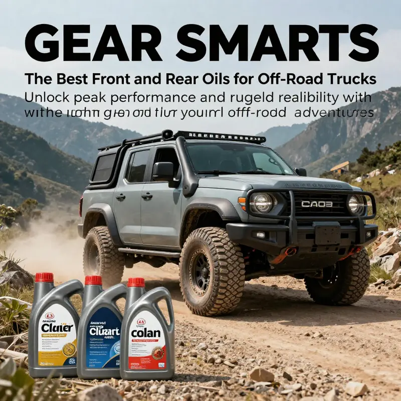 An off-road truck on a mountain trail, with gear oil bottles set in the forefront.