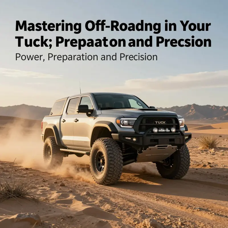 Photo-realistic image of a large off-road truck driving fast on a dusty desert trail with mountains and open sky at golden hour.