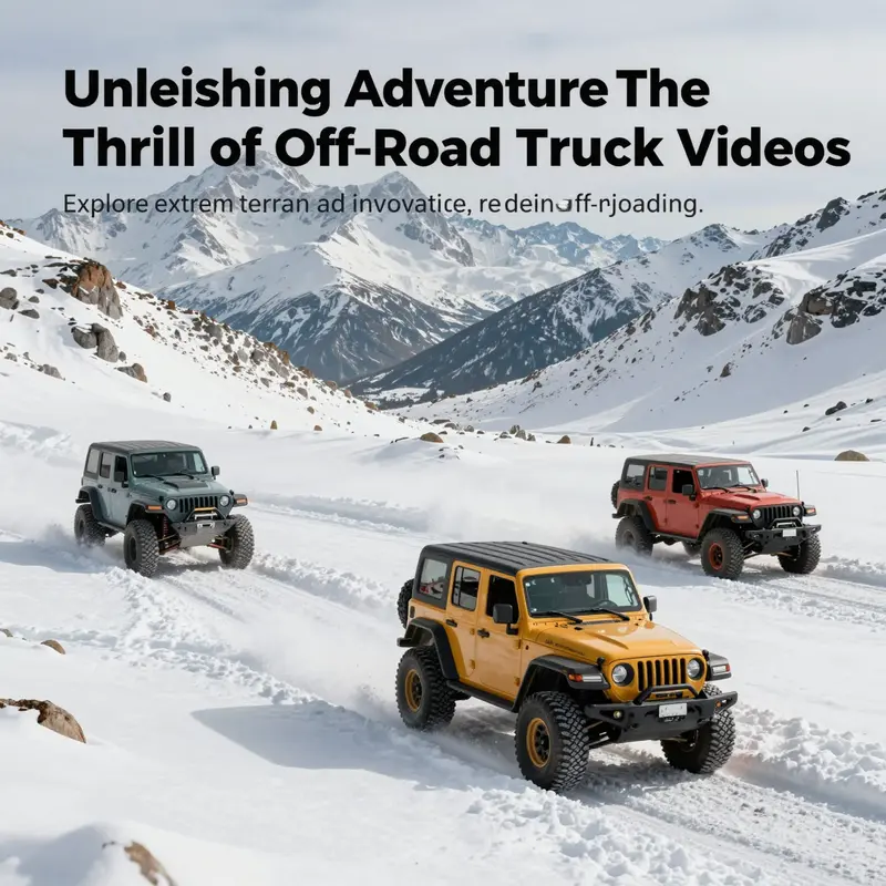 A stunning scene of various off-road trucks navigating snowy mountainous terrain, representing the spirit of adventure.