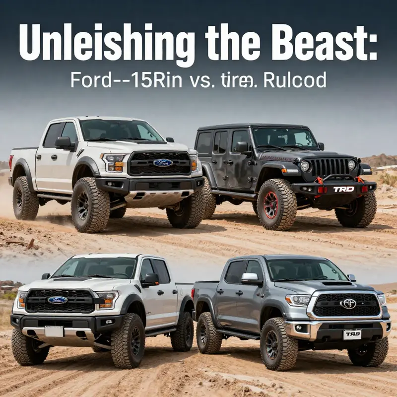 Three off-road trucks positioned in an adventurous outdoor environment, showcasing their readiness for rugged terrains.
