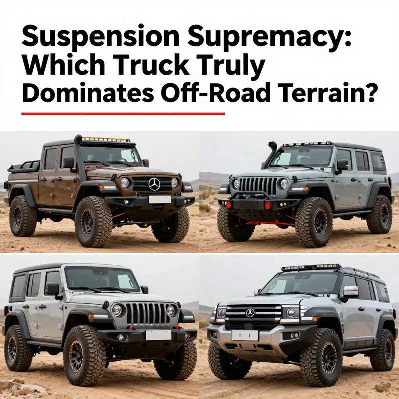 A collection of off-road trucks in action, showcasing the Mercedes-Benz LG1519, Jeep Wrangler, and BYD Yangwang U8, emphasizing their off-road capabilities.