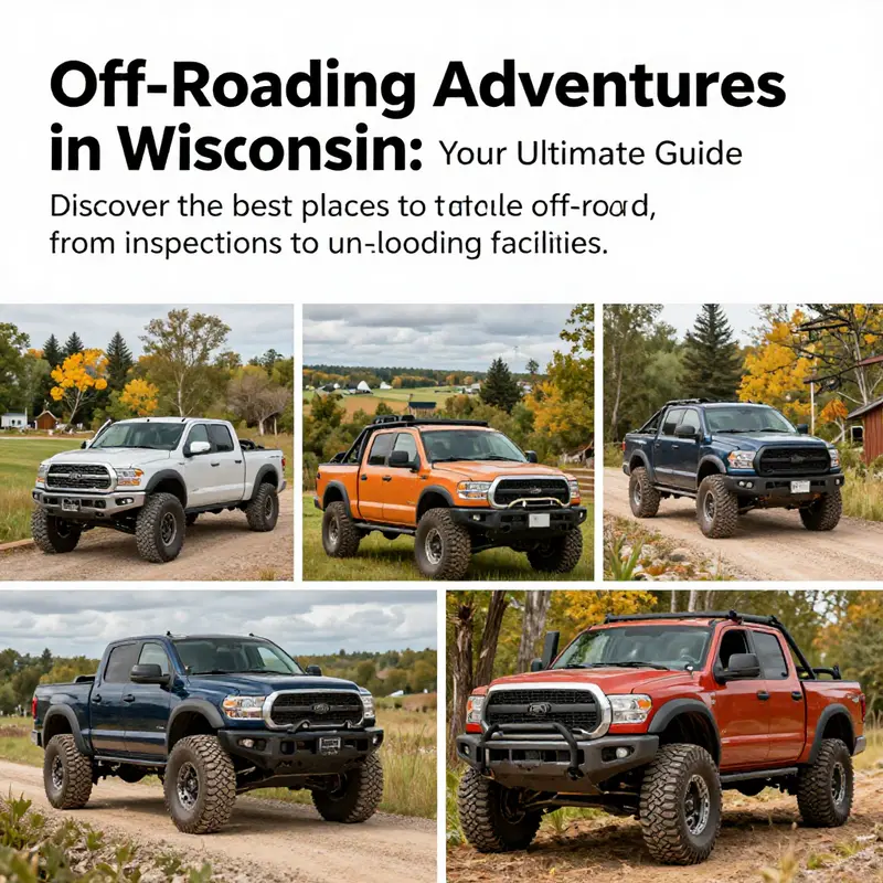 A collage of off-road trucks navigating through diverse Wisconsin landscapes, from forests to hills.