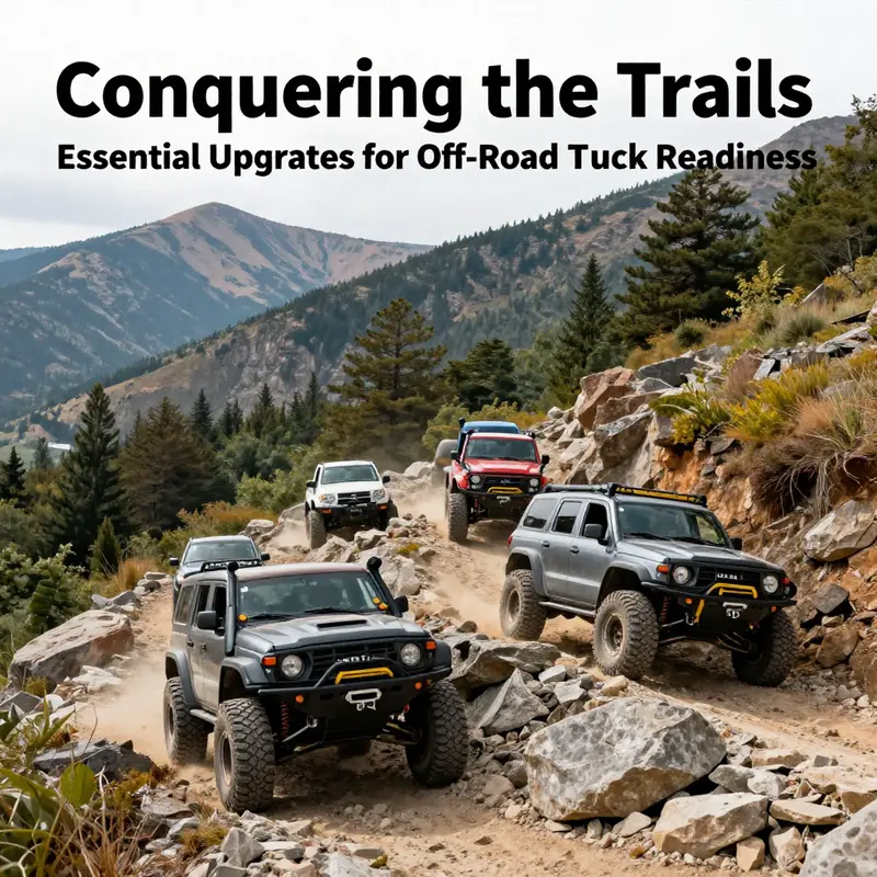 A group of off-road trucks navigating a challenging rocky path through scenic landscapes.