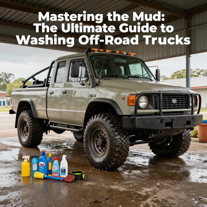 An off-road truck prepared for cleaning, showcasing essential tools and a shaded washing environment.