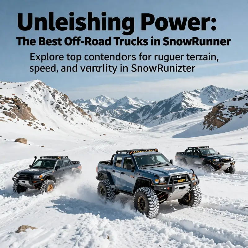 A dynamic off-road scenery showcasing various vehicles traversing snowy terrains.