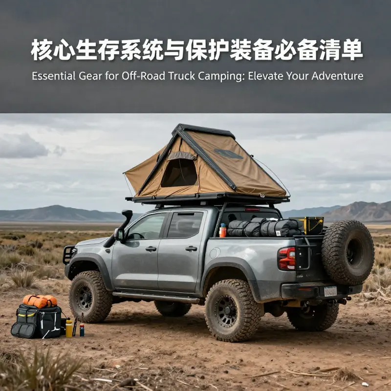 Key survival systems set up at a rugged off-road campsite.