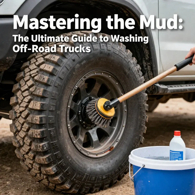An off-road truck prepared for cleaning, showcasing essential tools and a shaded washing environment.