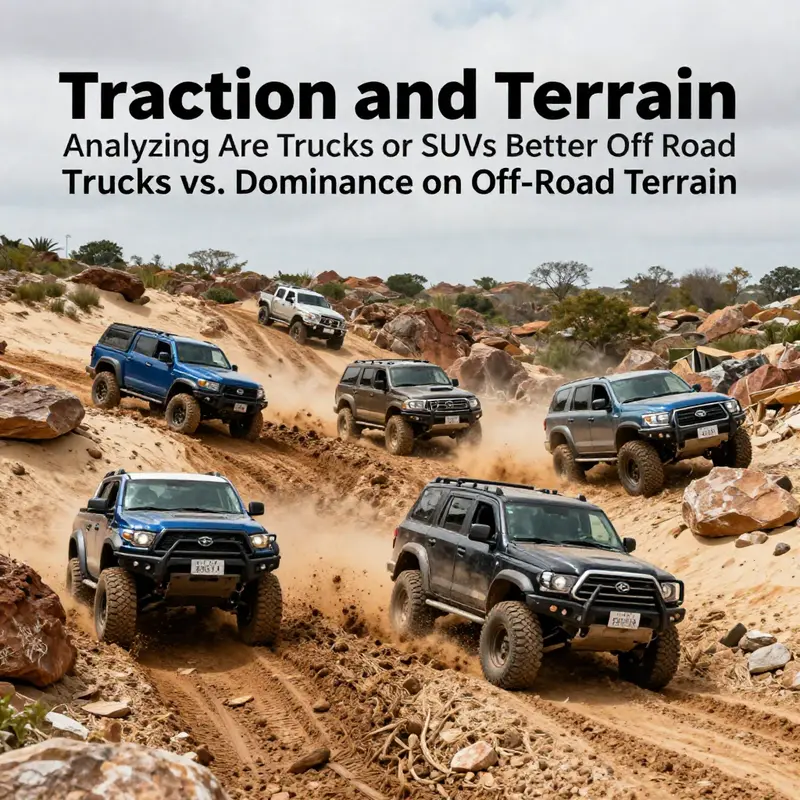 A comparison view of trucks and SUVs tackling an off-road landscape, highlighting their distinct features.