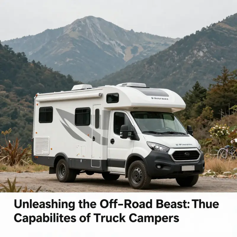 Truck camper parked in a picturesque landscape, emphasizing adventure-ready design.