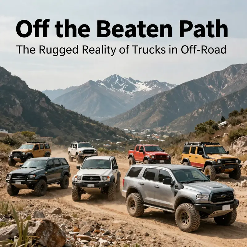 A stunning panorama of off-road trucks positioned against a backdrop of lush mountains and open trails.