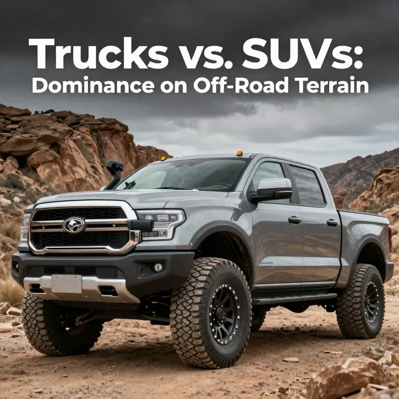 A comparison view of trucks and SUVs tackling an off-road landscape, highlighting their distinct features.