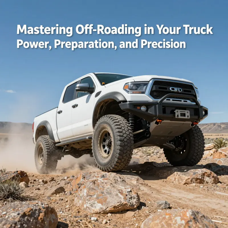 An off-road truck tackling rocky ground, highlighting key vehicle features like ground clearance and suspension.