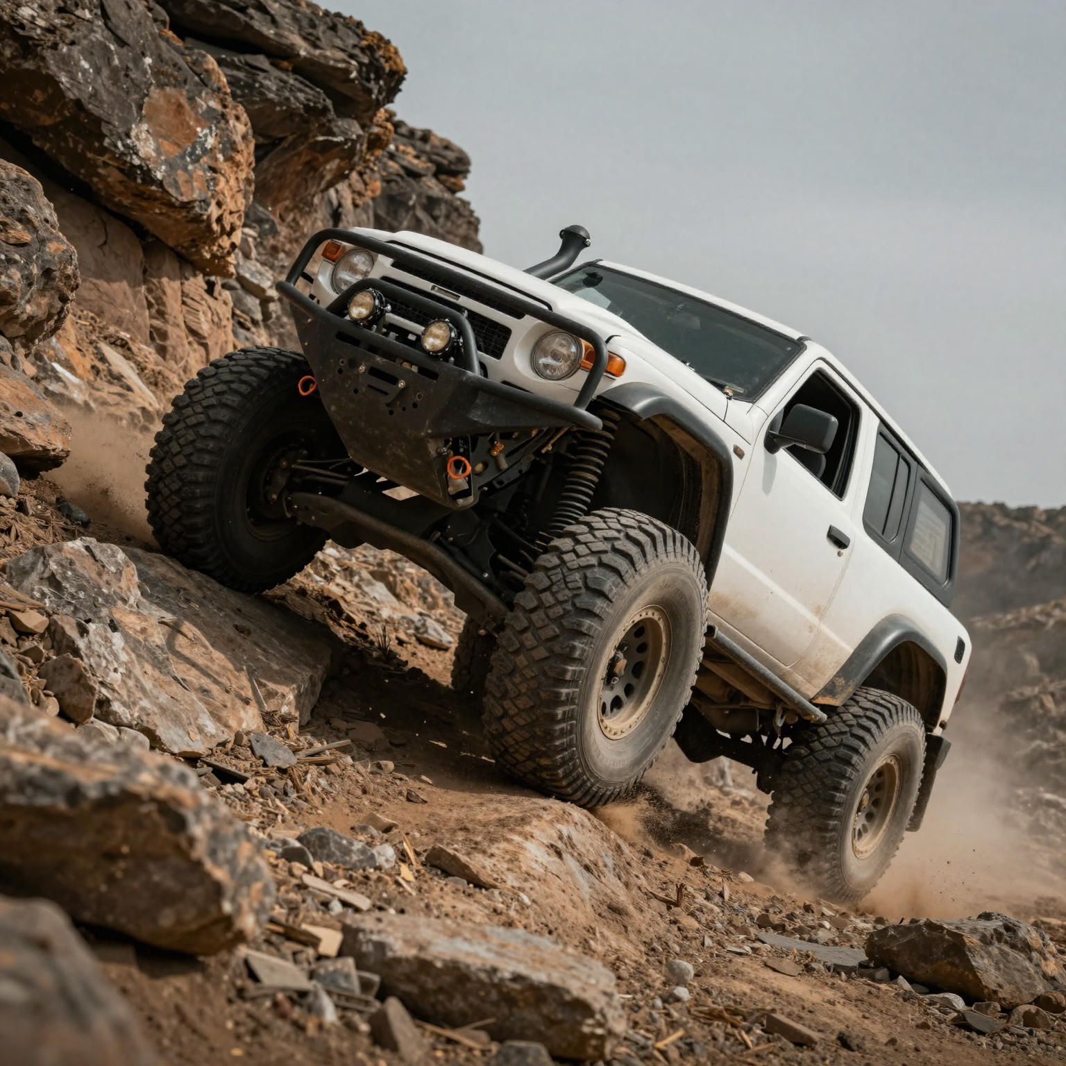 Off-road truck navigating a steep tilt