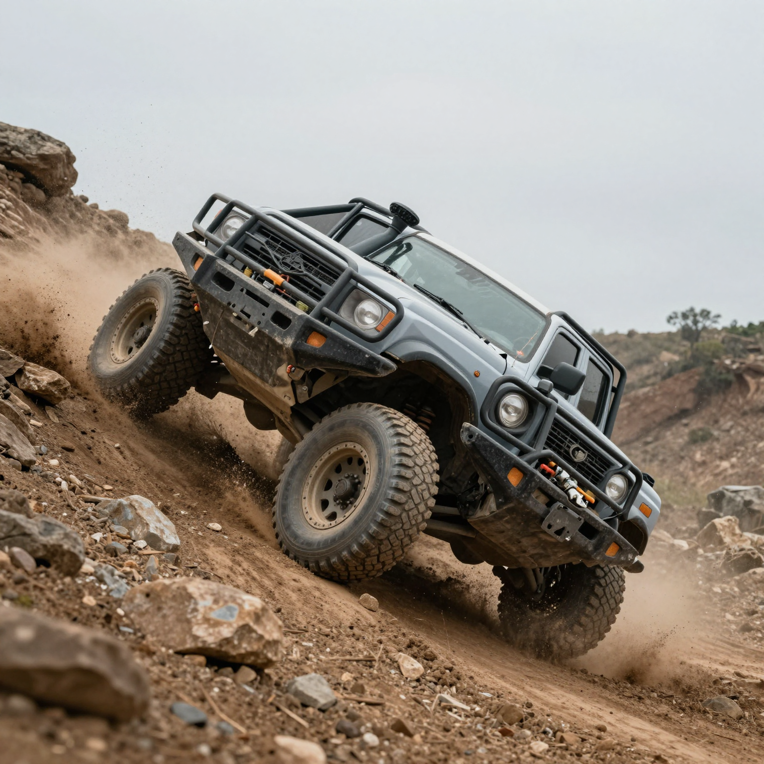 A rugged off-road scene depicting a truck tilting on challenging terrain.