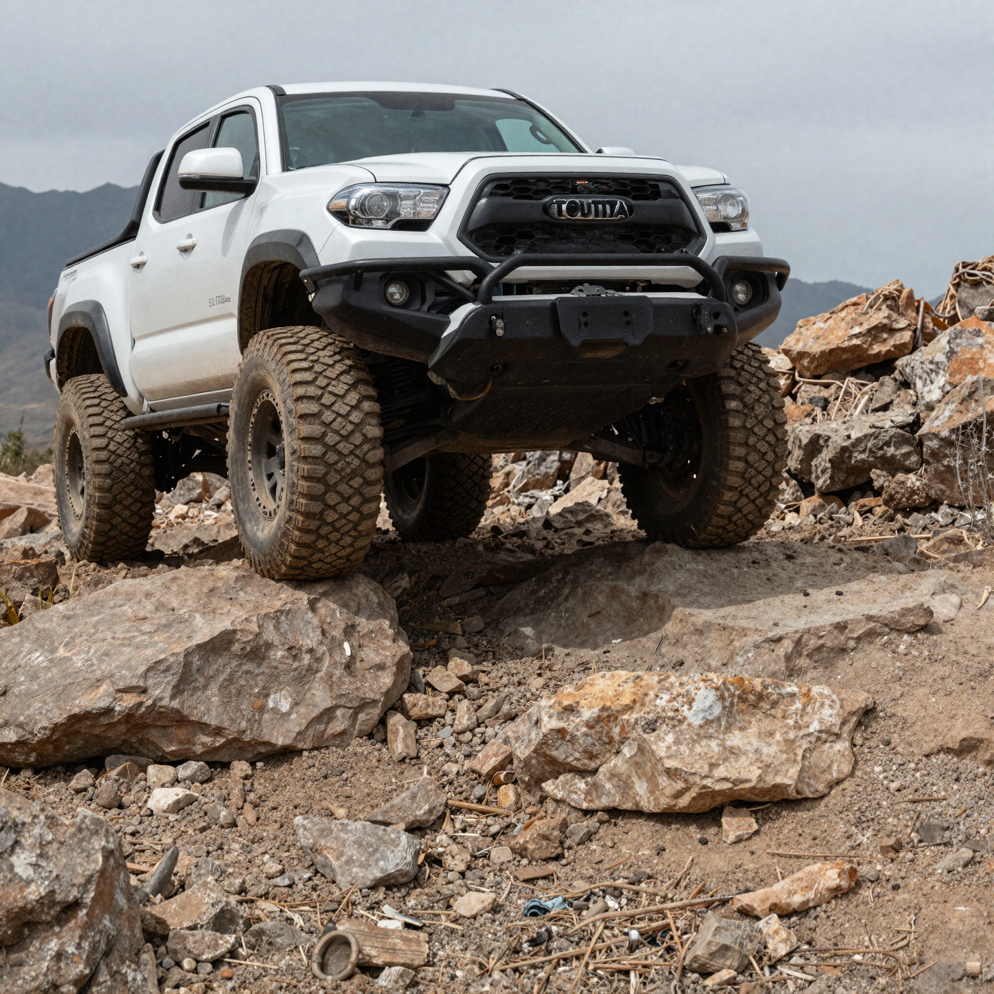 A rugged Toyota Tacoma in challenging off-road terrain
