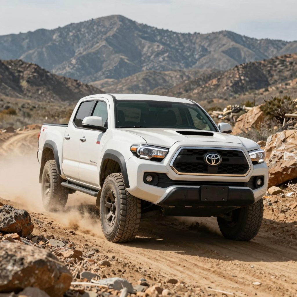 Toyota Tacoma navigating a rugged off-road landscape