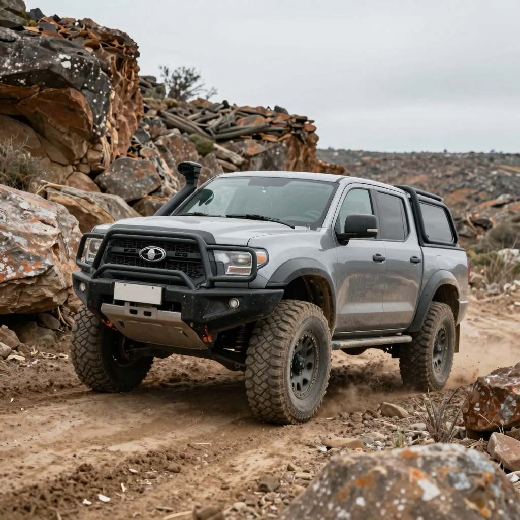 Rugged off-road truck in rugged terrain showcasing durability
