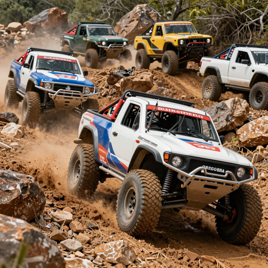 Off-road trucks navigating rocky terrain