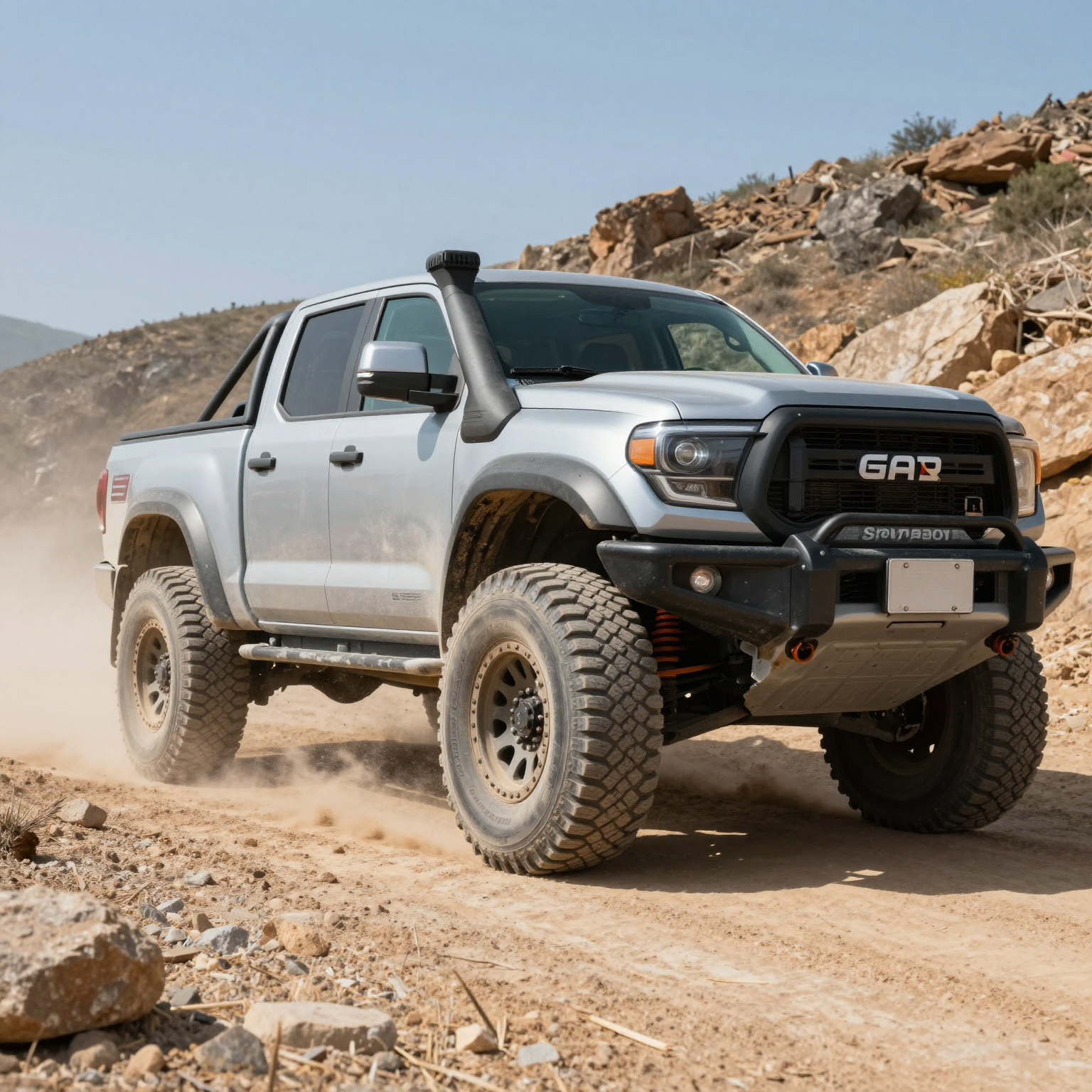 Off-road truck navigating rough terrain