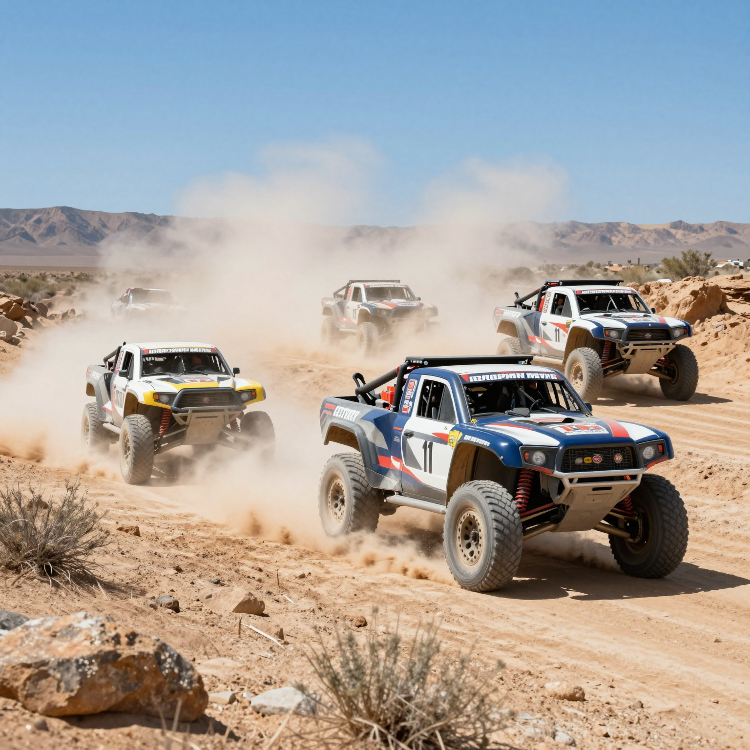 Off-road trucks racing in a Baja landscape
