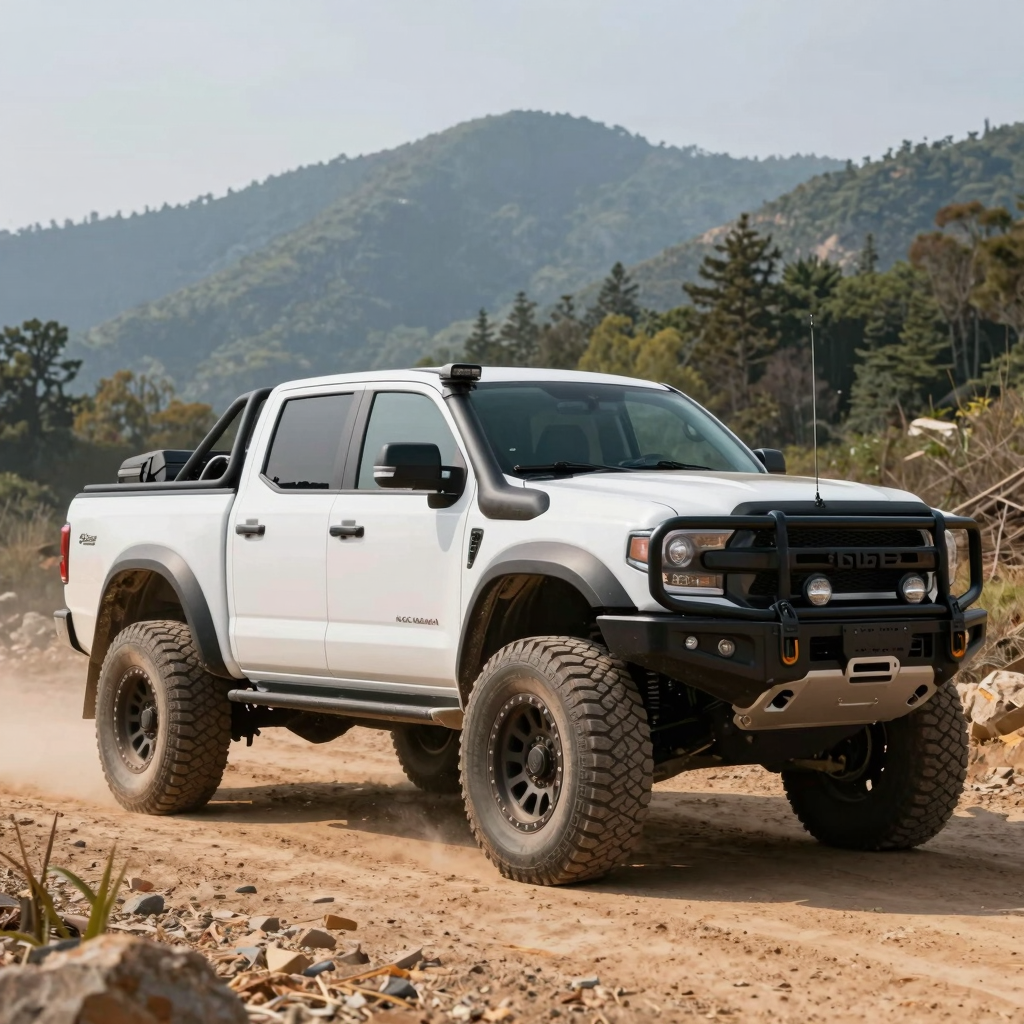 A rugged off-road truck in an adventurous setting, showcasing modifications such as lifted suspension, custom wheels, and a unique paint job.
