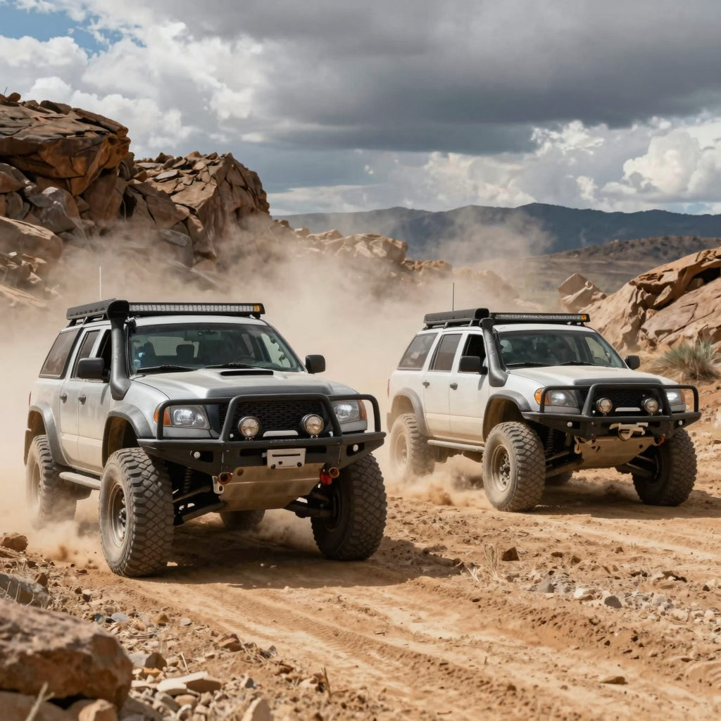 An adventurous off-roading scene featuring rugged trucks