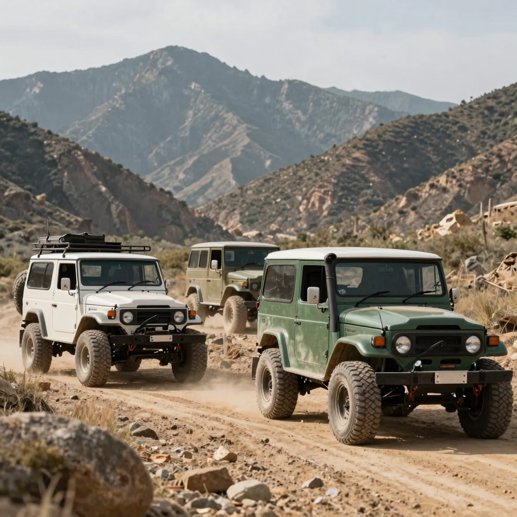 Off-road trucks in a rugged landscape