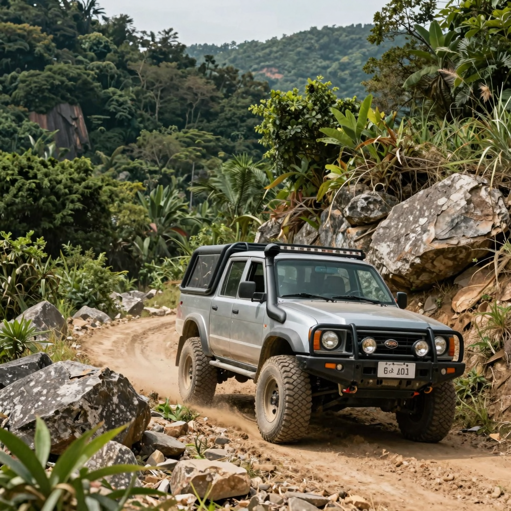Scenic off-road trucking landscape with rugged terrain and a truck navigating through a challenging path