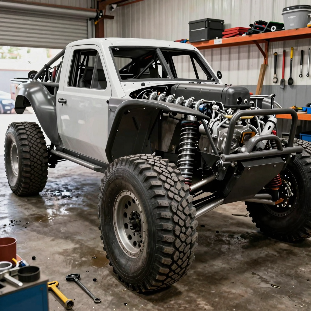 An off-road racing truck assembly in a workshop