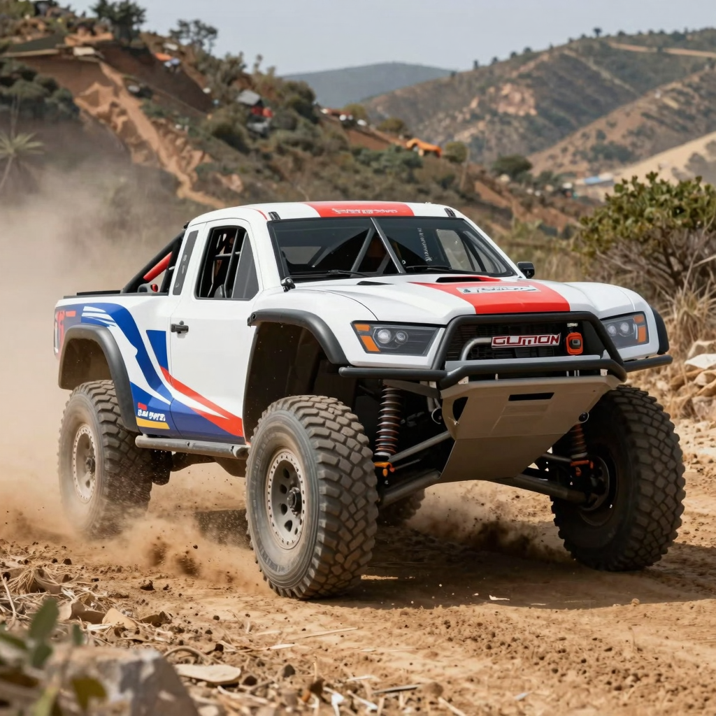 Customized off-road racing truck in action