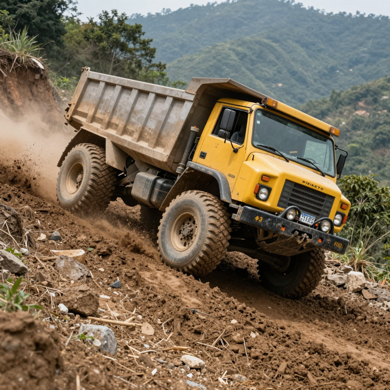Off-road dump truck navigating rugged terrain